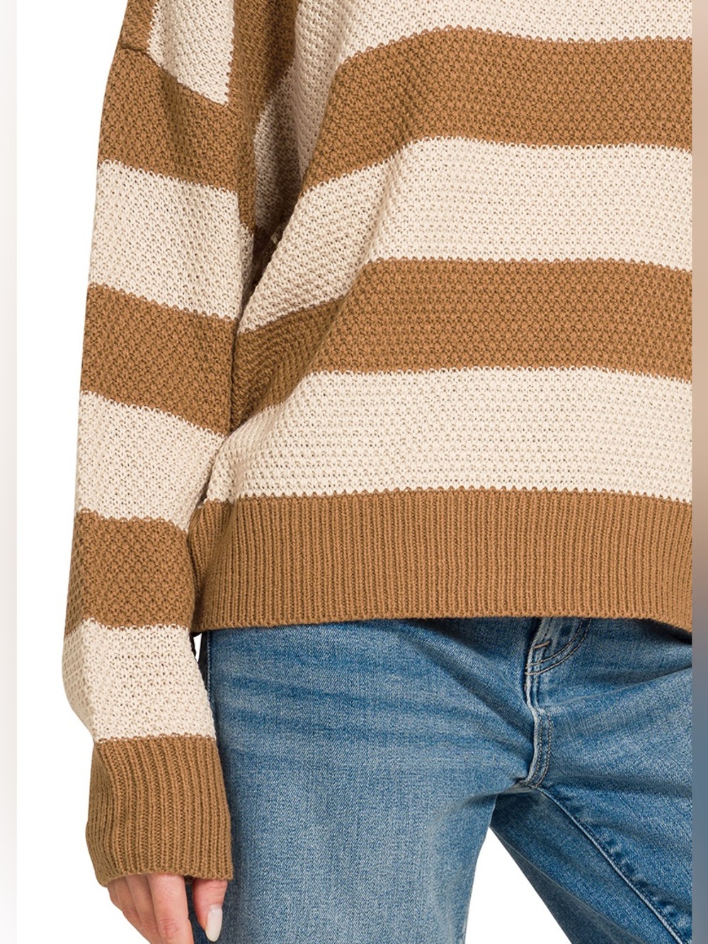 “ Varsity Coast “ Stripe Drop Shoulder Sweater | Deep Camel & Cornflower Blue - Picture 9 of 9
